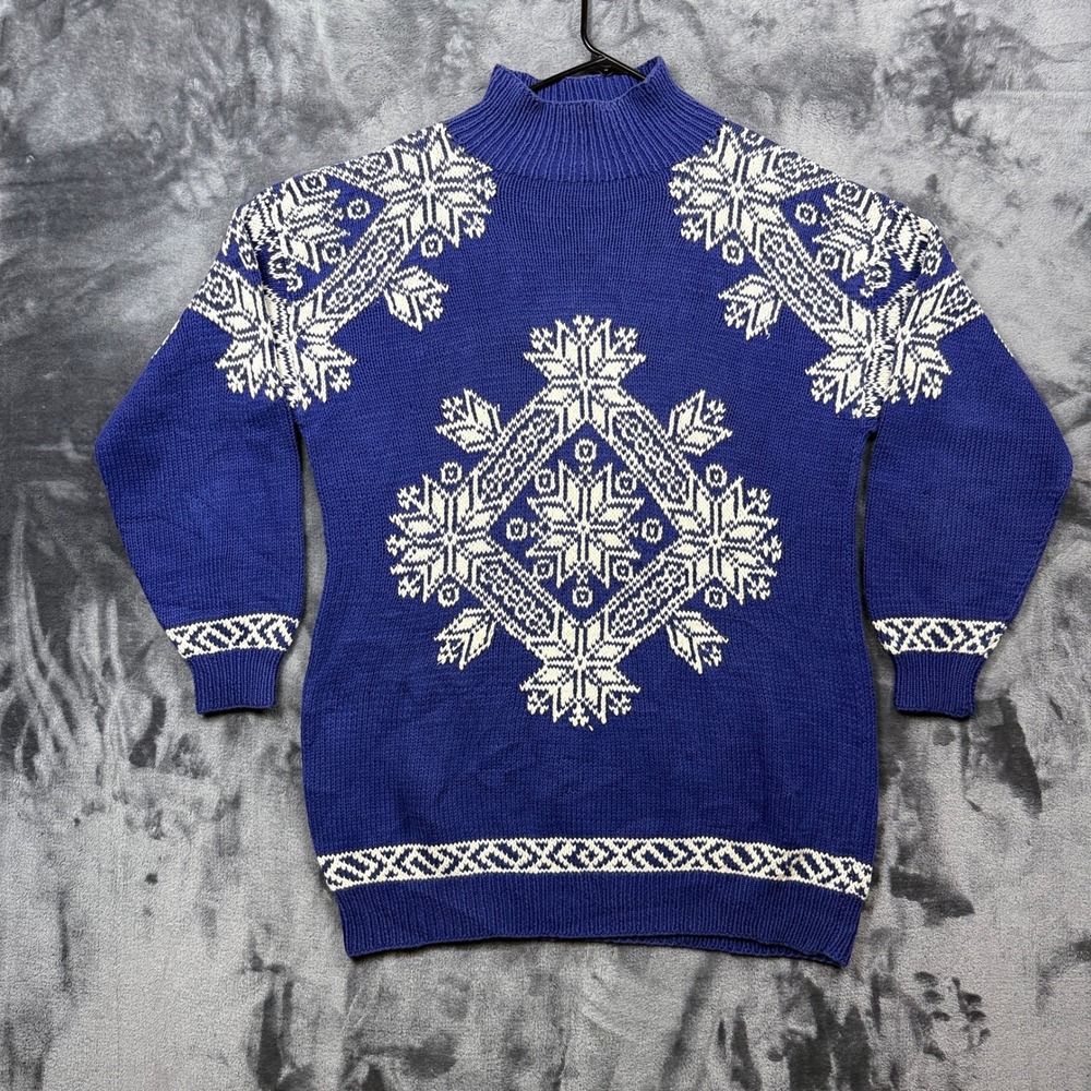 Saks Fifth Avenue Sweater Womens M Blue Snowflake Cotton Knit Mock Neck Nordic